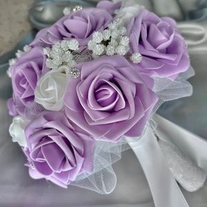 Lilac Communion bouquet 9” real touch roses, baby’s breath, crystals